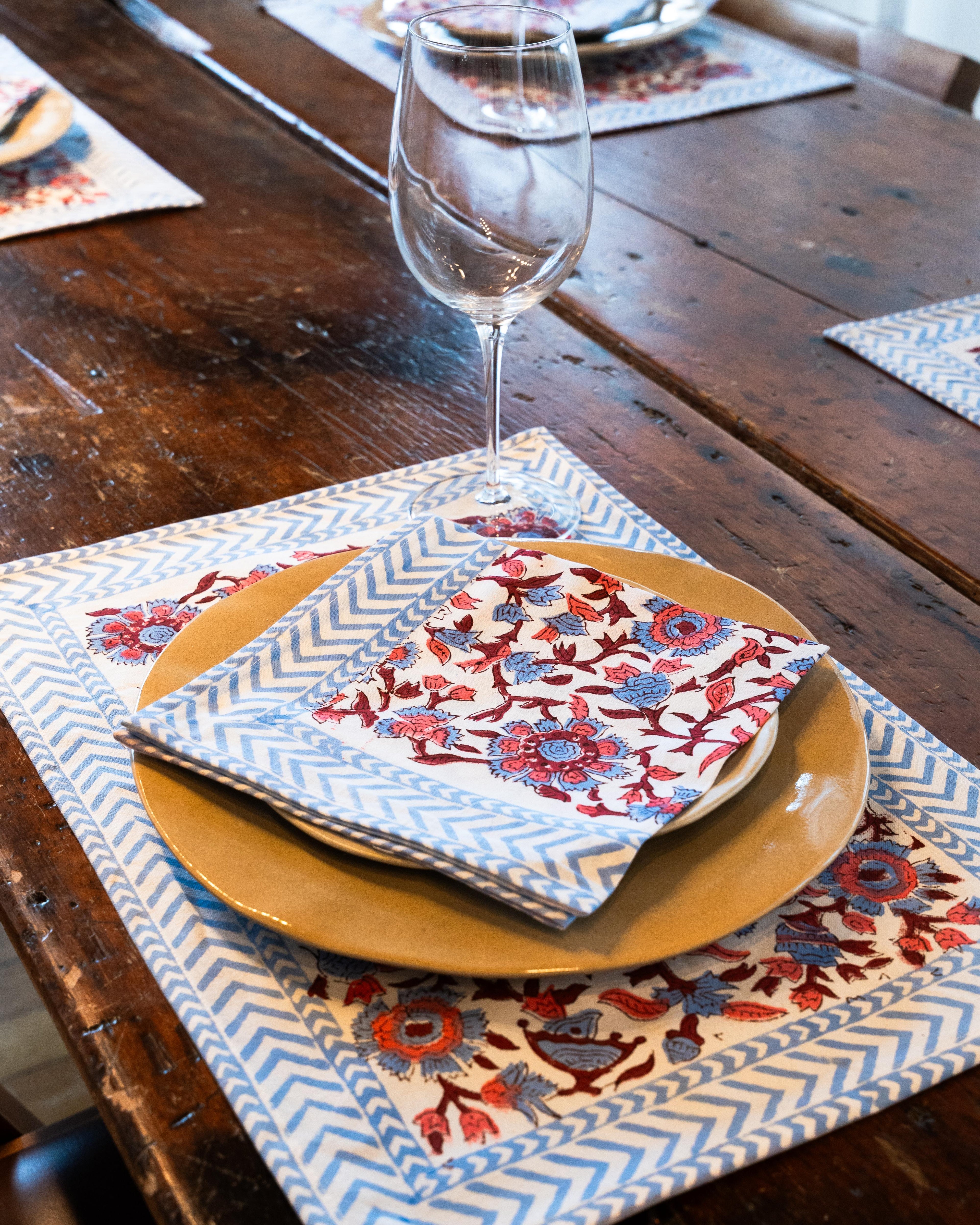 Blue Red - Table Mats & Napkins Set (4 + 4)