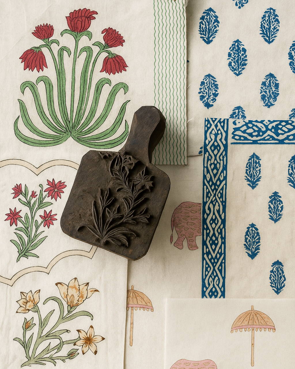 Textile samples with floral, geometric, and animal patterns on a neutral background