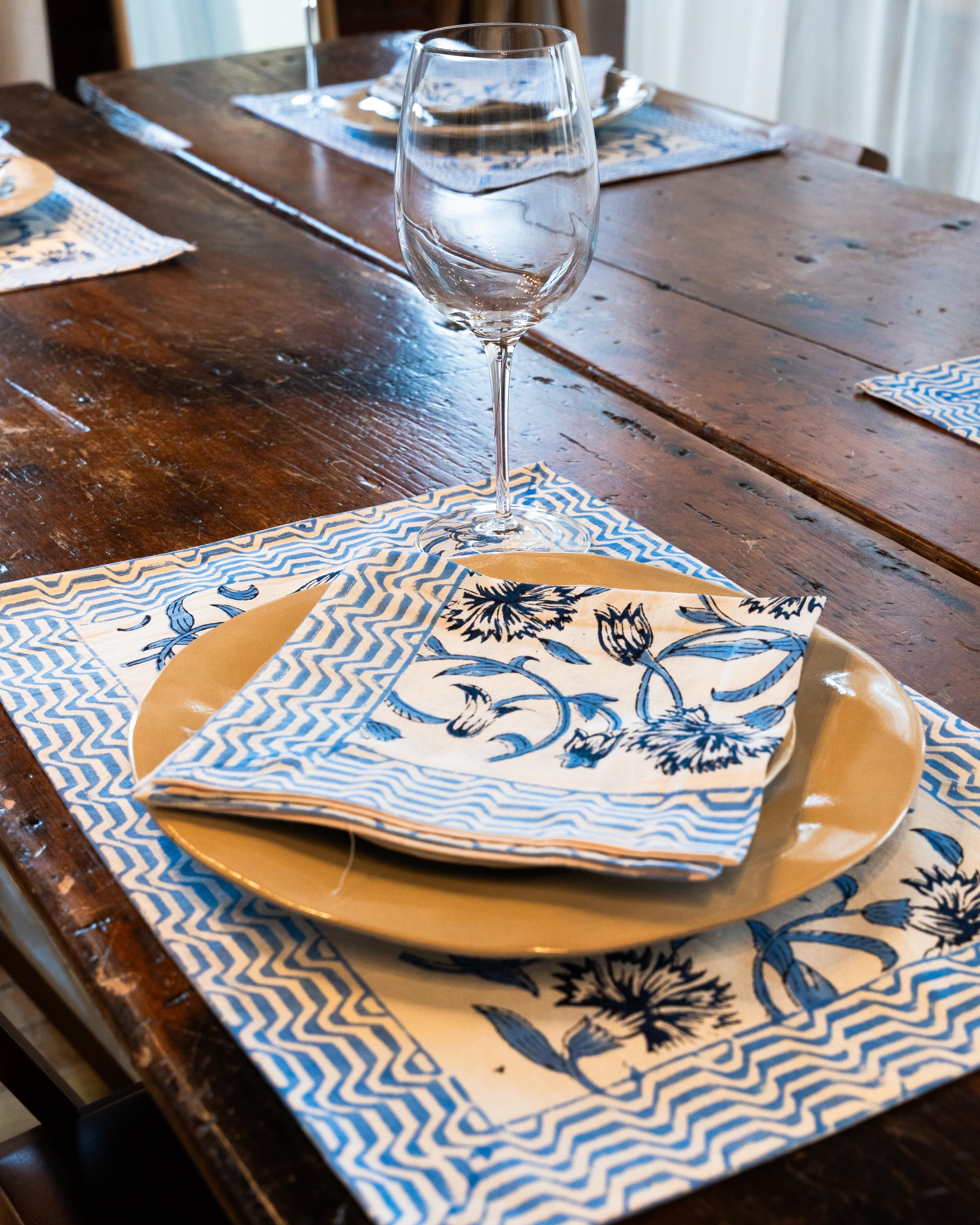 Blue Blossom - Table Mats & Napkins Set (4 + 4)